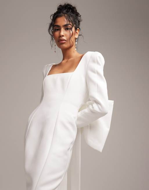 ASOS DESIGN Toby statement square neck and bow back wedding dress in ivory, 3 of 6
