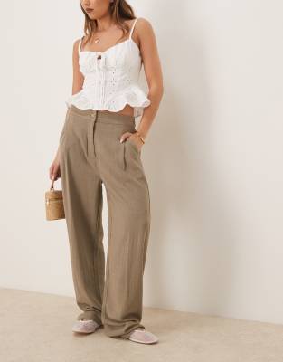 ASOS DESIGN - Toelopende broek met geplooide voorkant en linnen in kaki - view 1