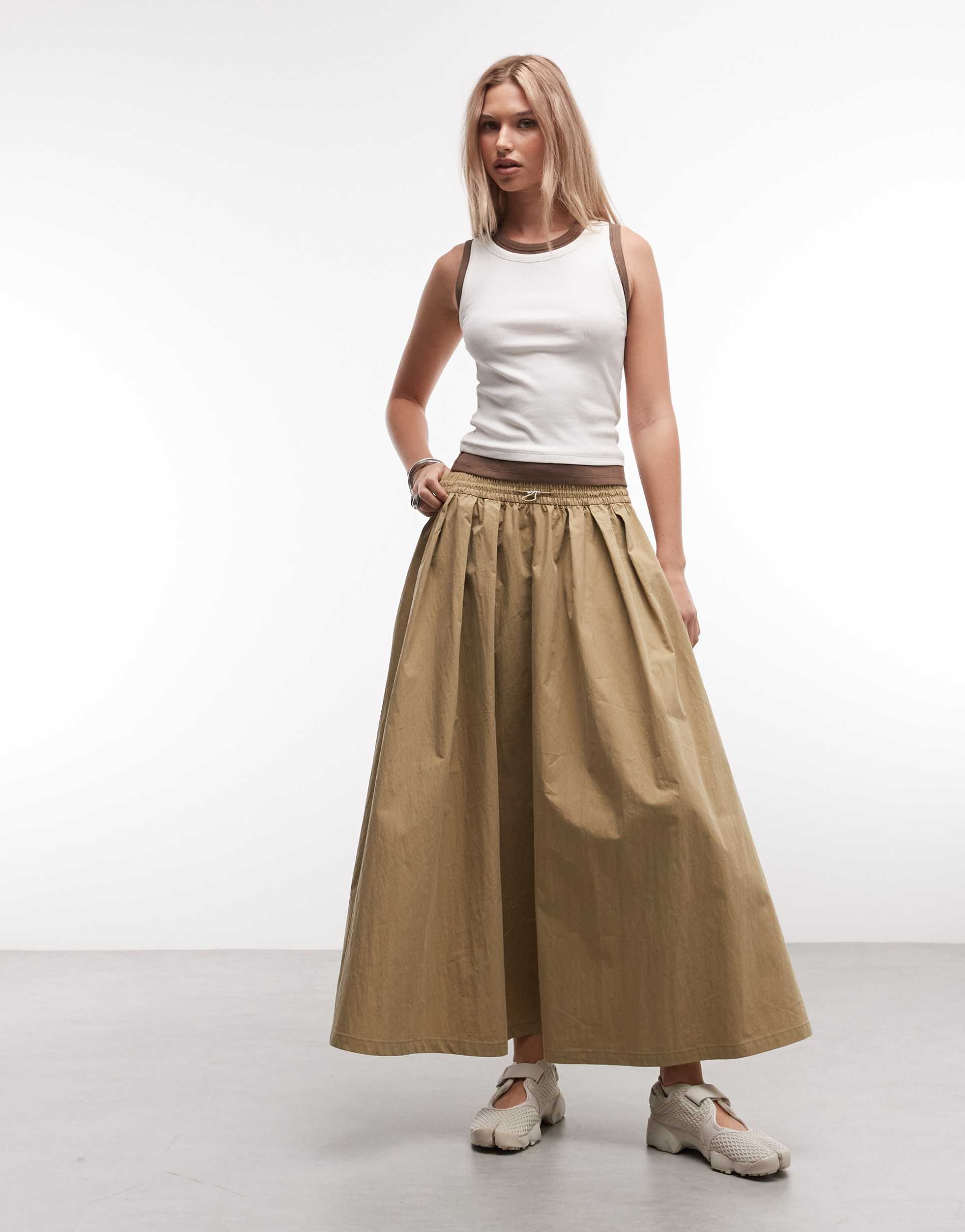 asos design toggle waist detail volume midaxi skirt in camel