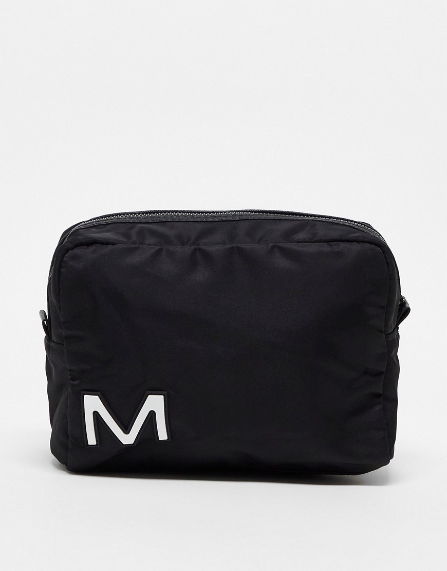 ASOS DESIGN toiletries bag with M initial in black