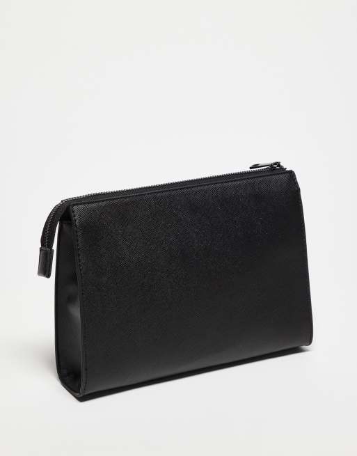ASOS DESIGN toiletry pouch in black pu saffiano