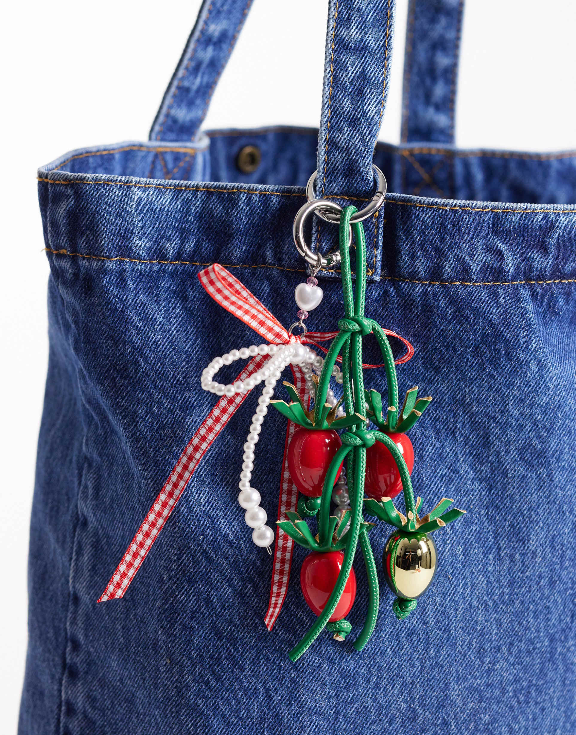 asos design tomato gingham bow bag charm in multi