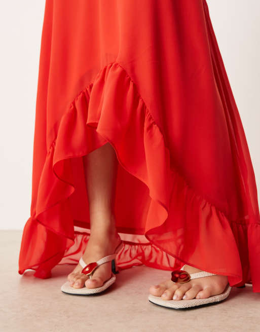 ASOS DESIGN - Tomatrød cami-maxikjole i chiffon med flæsekant, 3 af 4