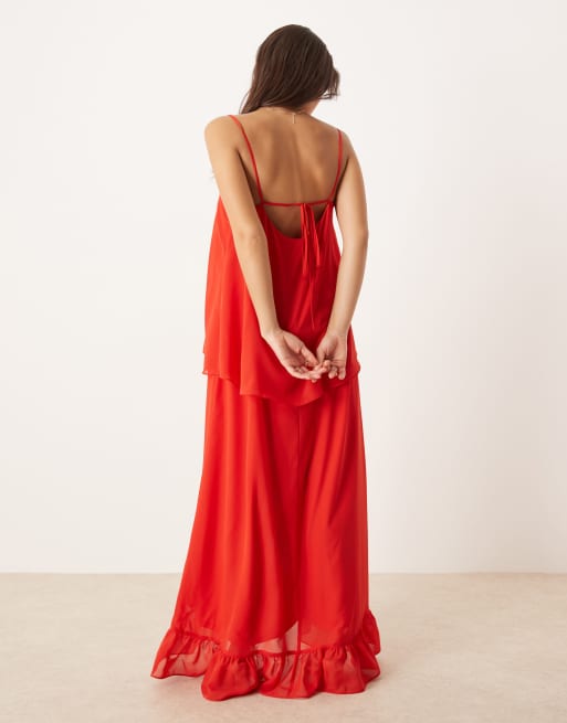 ASOS DESIGN - Tomatrød cami-maxikjole i chiffon med flæsekant, 4 af 4