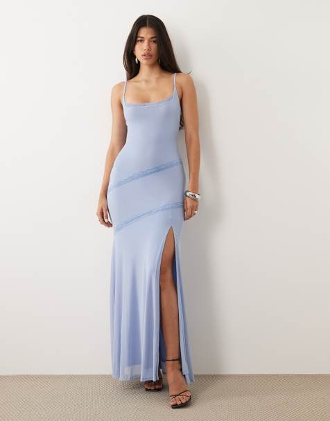 ASOS DESIGN tonal contrast lace trim mesh maxi dress with tie details in pastel blue - view 1