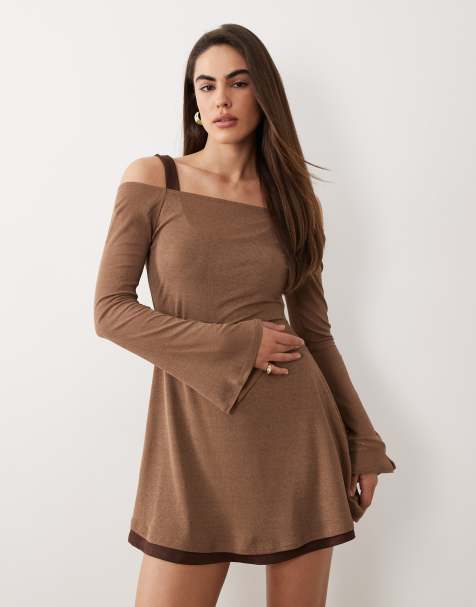 ASOS DESIGN tonal double layer angel sleeve mini dress in chocolate - view 1
