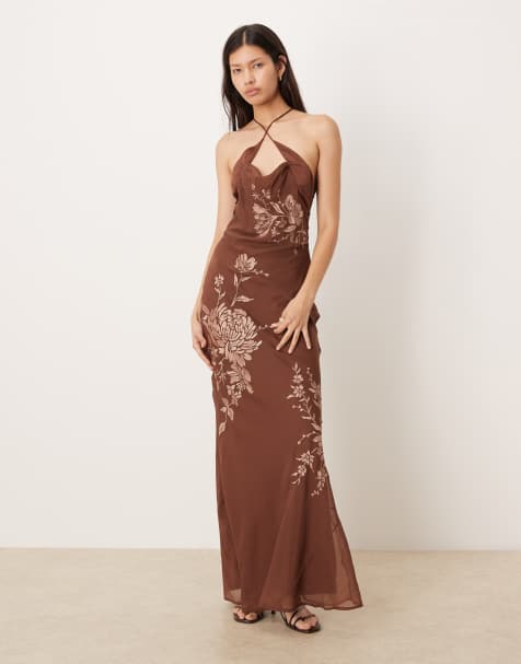 ASOS DESIGN tonal embroidery halter maxi dress with keyhole front detail in brown - view 1