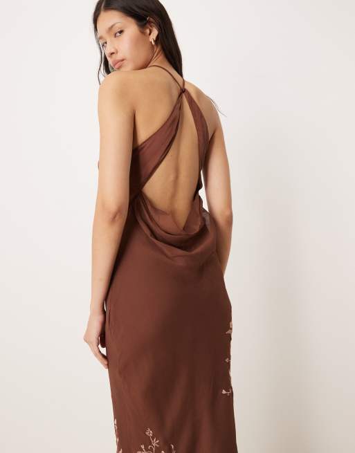 ASOS DESIGN tonal embroidery halter maxi dress with keyhole front detail in brown