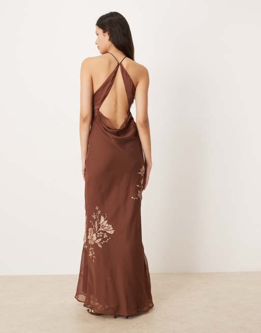 ASOS DESIGN tonal embroidery halter maxi dress with keyhole front detail in brown