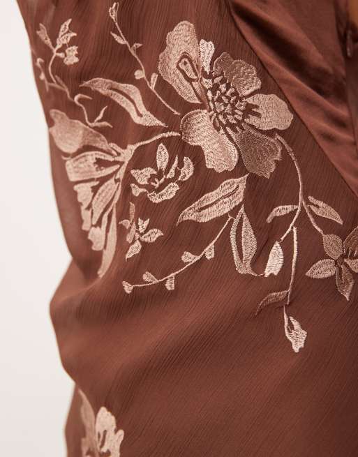ASOS DESIGN tonal embroidery halter maxi dress with keyhole front detail in brown