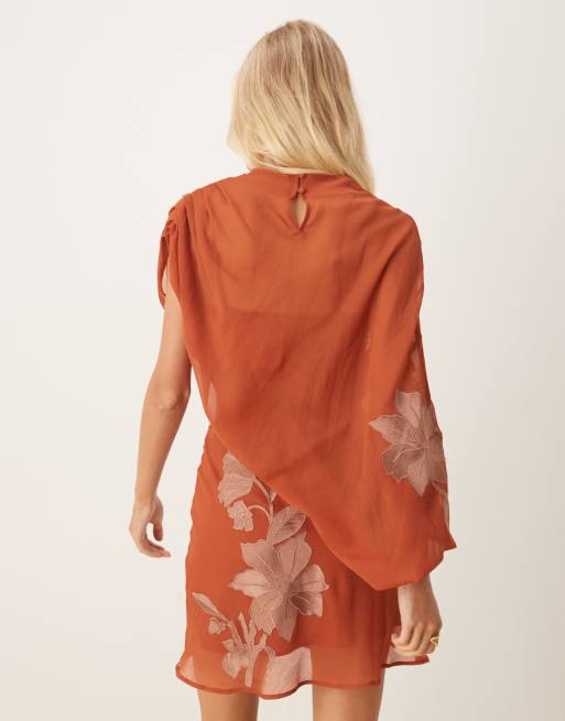 ASOS DESIGN tonal embroidery high neck draped asymmetric mini dress with cut-out in rust