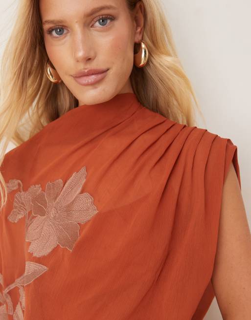 ASOS DESIGN tonal embroidery high neck draped asymmetric mini dress with  cut-out in rust | ASOS