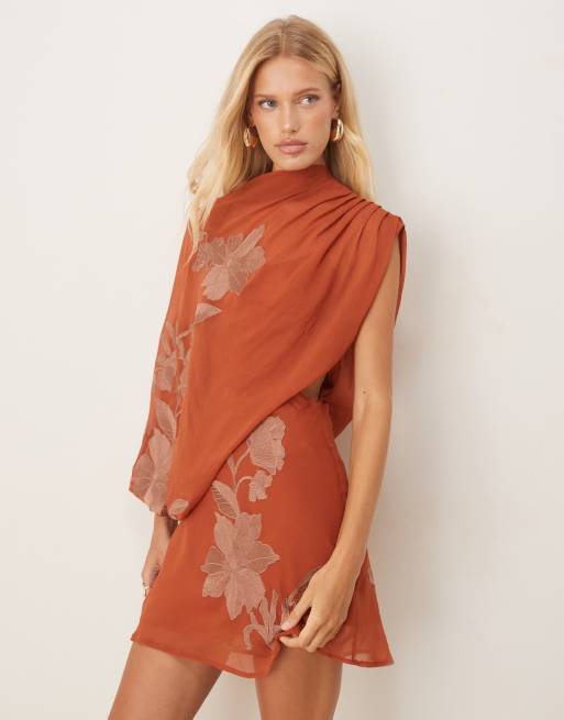 ASOS DESIGN tonal embroidery high neck draped asymmetric mini dress with cut-out in rust