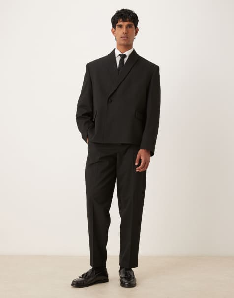 ASOS DESIGN tonal metallic stripe boxy shawl lapel suit in black - view 1