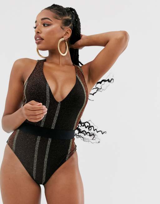 ASOS DESIGN tonal metallic stripe swimsuit with elastic belt ASOS