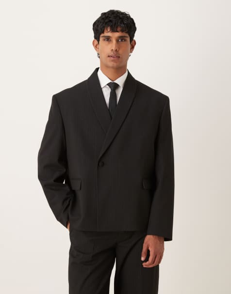 ASOS DESIGN tonal metallic striped boxy shawl lapel suit jacket in black - view 1