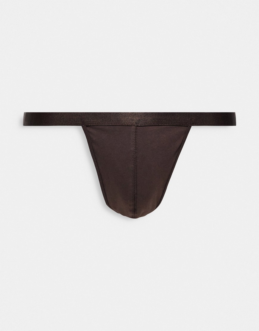 ASOS DESIGN tonal tie side thong in dark brown-Neutral