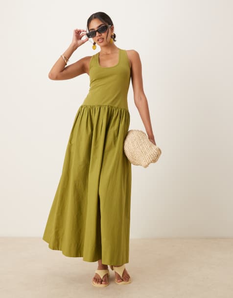 ASOS DESIGN - Tonet olivengrøn hybrid-maxikjole med dyb rund hals - view 1