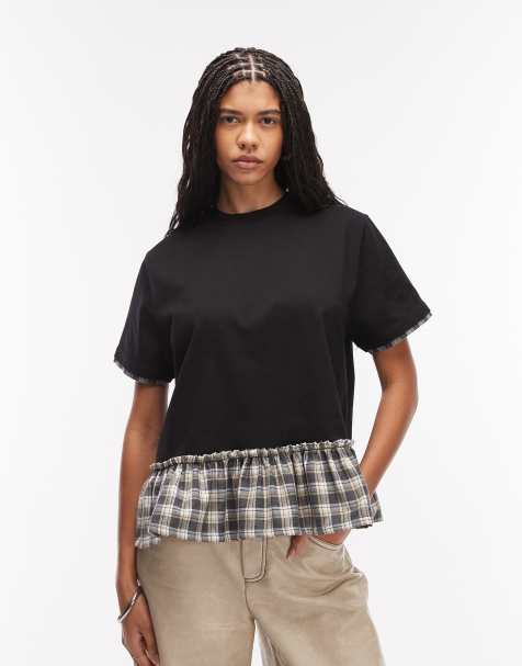 ASOS DESIGN - Top à basque en tissu double épaisseur contrastant à carreaux vichy - Noir - view 1