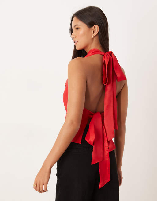 ASOS DESIGN - Top a canottiera allacciato al collo con scollo ad anello in raso rosso, 3 di 4