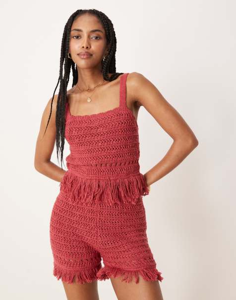 ASOS DESIGN - Top a canottiera bordeaux all'uncinetto cuciture e frange sul fondo in coordinato - view 1