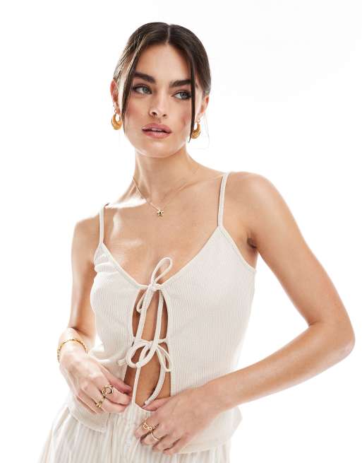 ASOS DESIGN - Top a canottiera color latticello a coste con laccio sul davanti