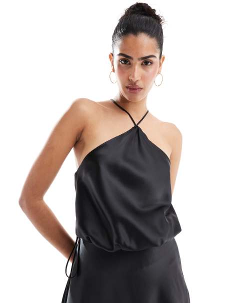 ASOS DESIGN - Top a canottiera con scollo ad anello in raso nero in coordinato - view 1