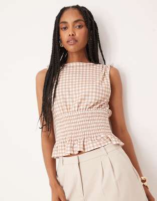 ASOS DESIGN - Top à carreaux vichy avec liens aux épaules et taille froncée - Marron et blanc - view 1