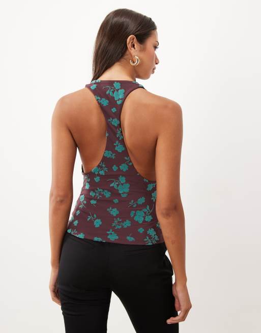 ASOS DESIGN top à col bénitier floqué avec bordure en dentelle, prune et fleuri bleu, 4 de 4