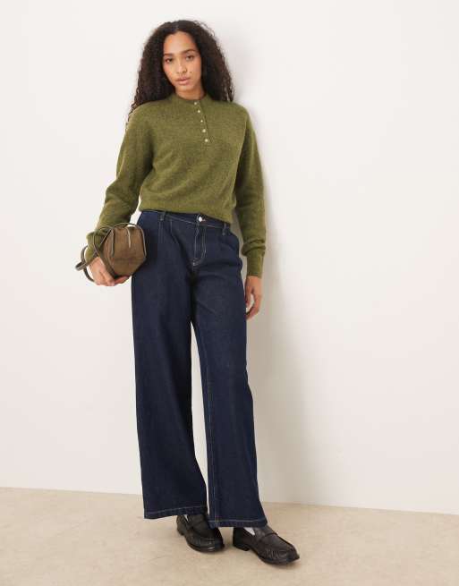 ASOS DESIGN - Top à col boutonné en alpaga et laine de qualité supérieure - Olive, 2 de 4