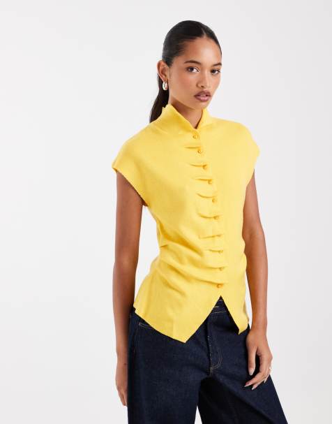 ASOS DESIGN top à col montant avec patte de boutonnage, jaune - view 1