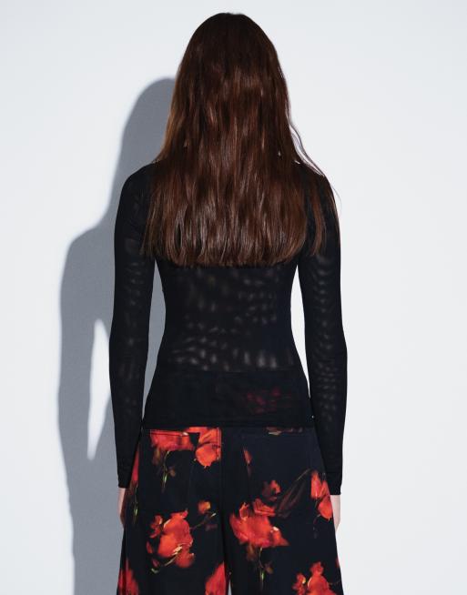 ASOS DESIGN top à col montant en tulle à manches longues avec taille corset, noir, 3 de 4