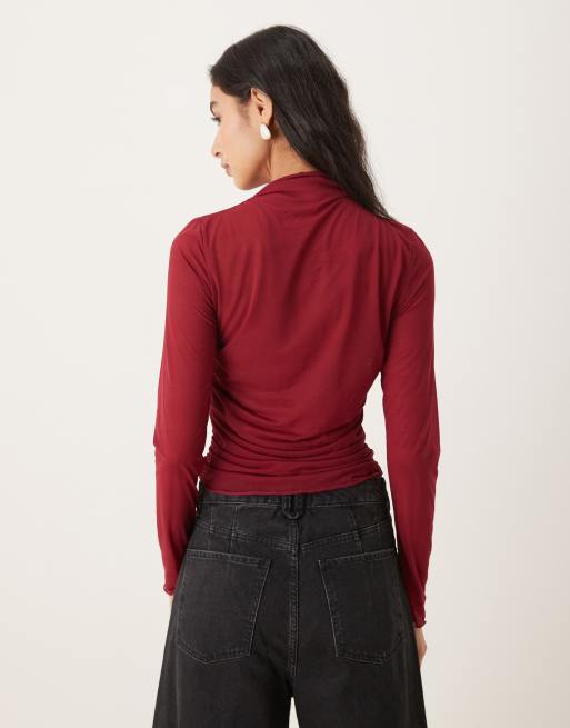 ASOS DESIGN - Top à col montant et manches longues en tulle semi-transparent - Rouge, 3 de 4