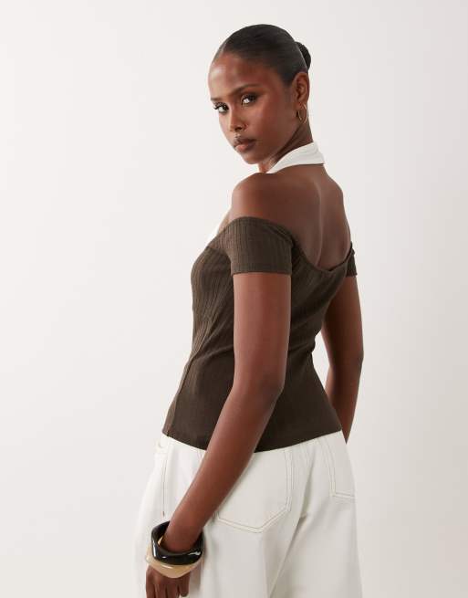 ASOS DESIGN top a collo all'americana a doppio strato a coste color cioccolato, 4 di 4