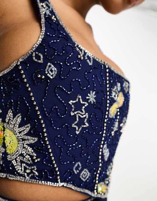 ASOS DESIGN - Top a corsetto blu con motivo celestiale decorativo in coordinato, 4 di 4