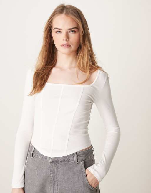 ASOS DESIGN - Top a corsetto con scollo quadrato color panna