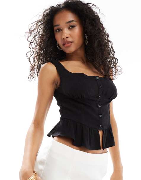 ASOS DESIGN - Top a corsetto effetto lino neri con bottoni sul davanti - view 1