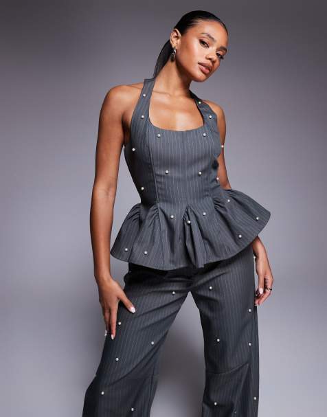 ASOS DESIGN - Top a corsetto stile peplo grigio gessato con perle in coordinato - view 1