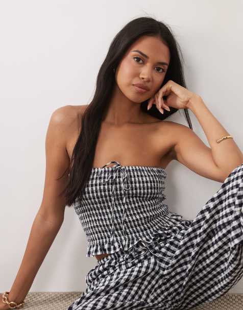 ASOS DESIGN - Top a cuadros vichy negros con escote palabra de honor y diseño fruncido - view 1