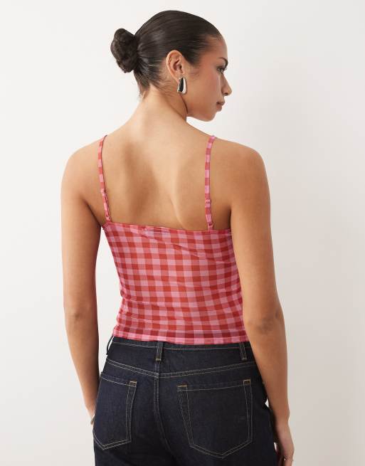 ASOS DESIGN - Top a cuadros vichy rojos de tirantes de malla transparente, 3 de 4