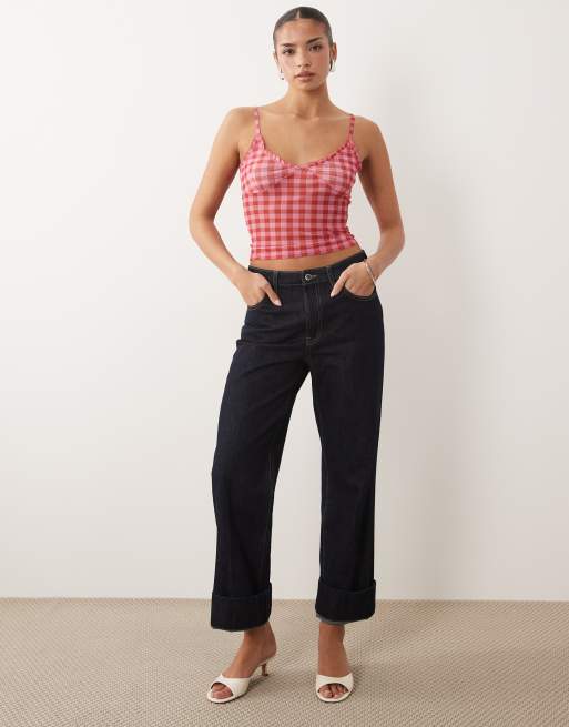 ASOS DESIGN - Top a cuadros vichy rojos de tirantes de malla transparente, 4 de 4