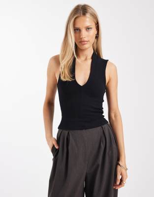 ASOS DESIGN - Top à décolleté plongeant en coton compact - Noir
