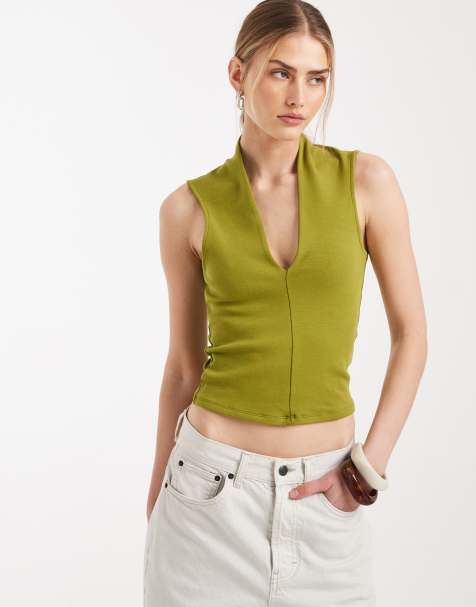 ASOS DESIGN - Top à décolleté plongeant en coton compact - Vert - view 1