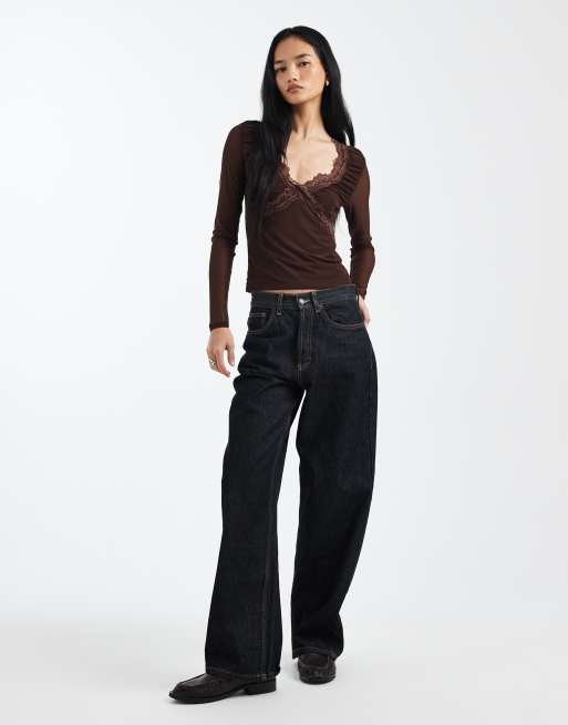 ASOS DESIGN - Top à décolleté plongeant et manches longues en tulle bordé de dentelle - Chocolat, 3 de 4