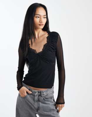 Top à décolleté plongeant et manches longues en tulle bordé de dentelle - Noir S
