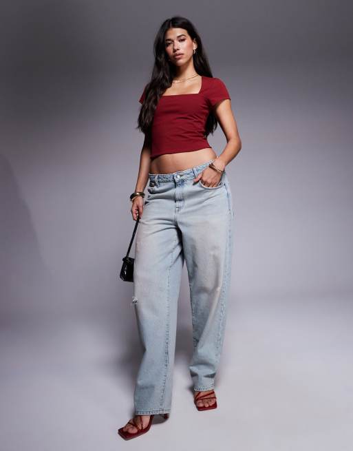 ASOS DESIGN - Top a doppio strato bordeaux con scollo squadrato e maniche ad aletta, 2 di 4