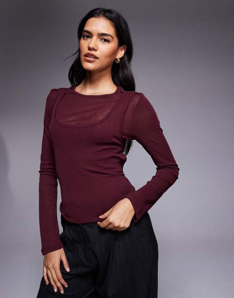ASOS DESIGN - Top a doppio strato bordeaux trasparente effetto garza - view 1