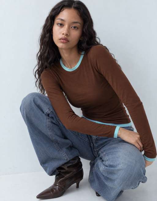 ASOS DESIGN top a doppio strato con girocollo e maniche lunghe in marrone e acqua, 6 di 10