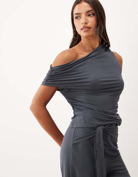 ASOS DESIGN top à effet lin asymétrique à col bénitier en charbon - view 1