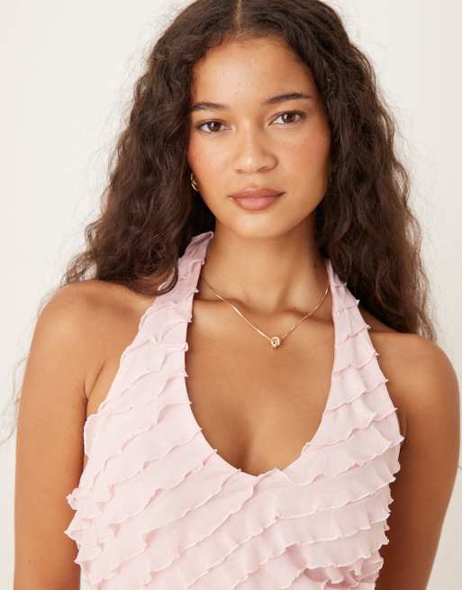 ASOS DESIGN - Top à encolure américaine à assortir à volants - Rose pastel, 3 de 4